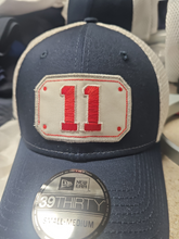 Load image into Gallery viewer, FIre Department Front shield insert styled cap New Era STRETCH MESH NAVY/WHITE
