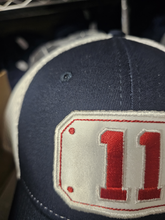 Load image into Gallery viewer, FIre Department Front shield insert styled cap New Era STRETCH MESH NAVY/WHITE
